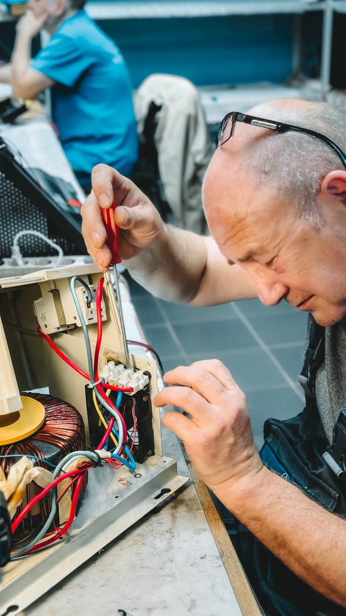 gallery-1 Senior electrician focused on fixing circuit board with red wires in a workshop setting.