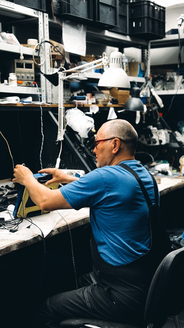 hero-img-01 Man repairs electronics in a cluttered workshop, emphasizing dedication and skill.