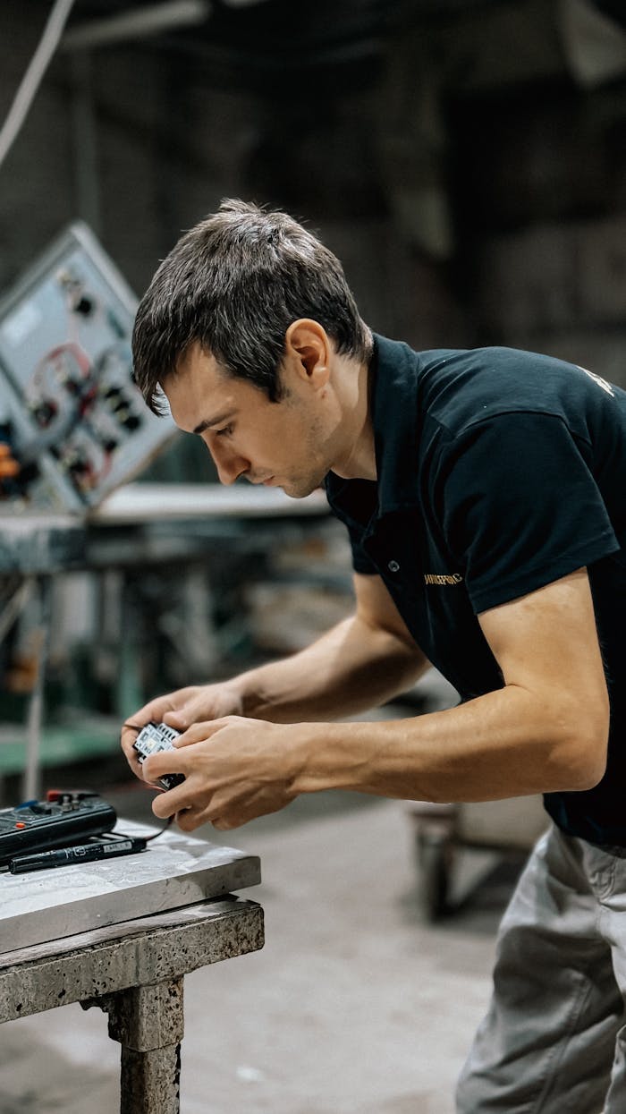 gallery-5 Male technician focusing on electrical component in a workshop setting, showcasing precision and skill.