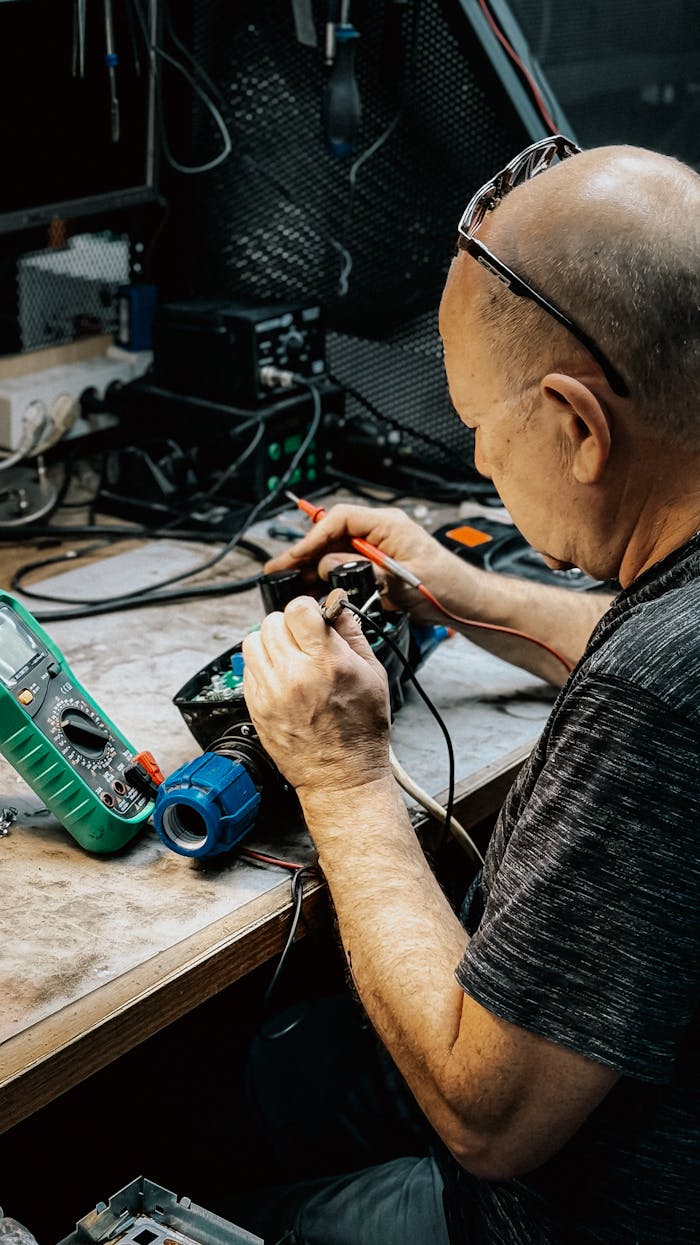 gallery-4 A dedicated senior technician meticulously working on electronic repairs at a workshop.