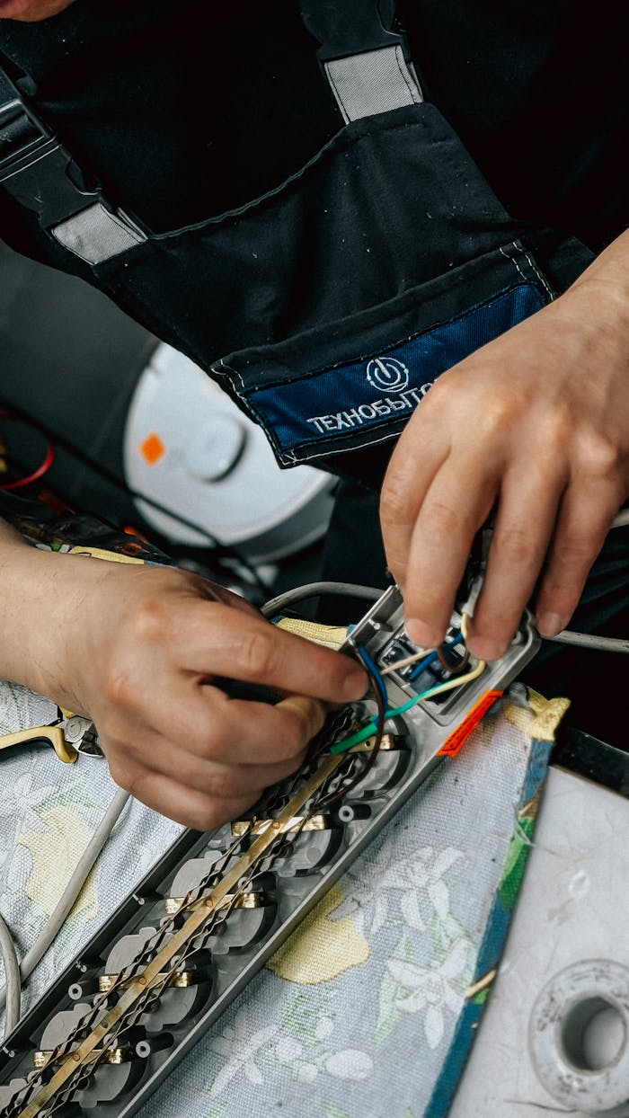 why-choose-us Close-up of a technician's hands working on electronic equipment wiring indoors.